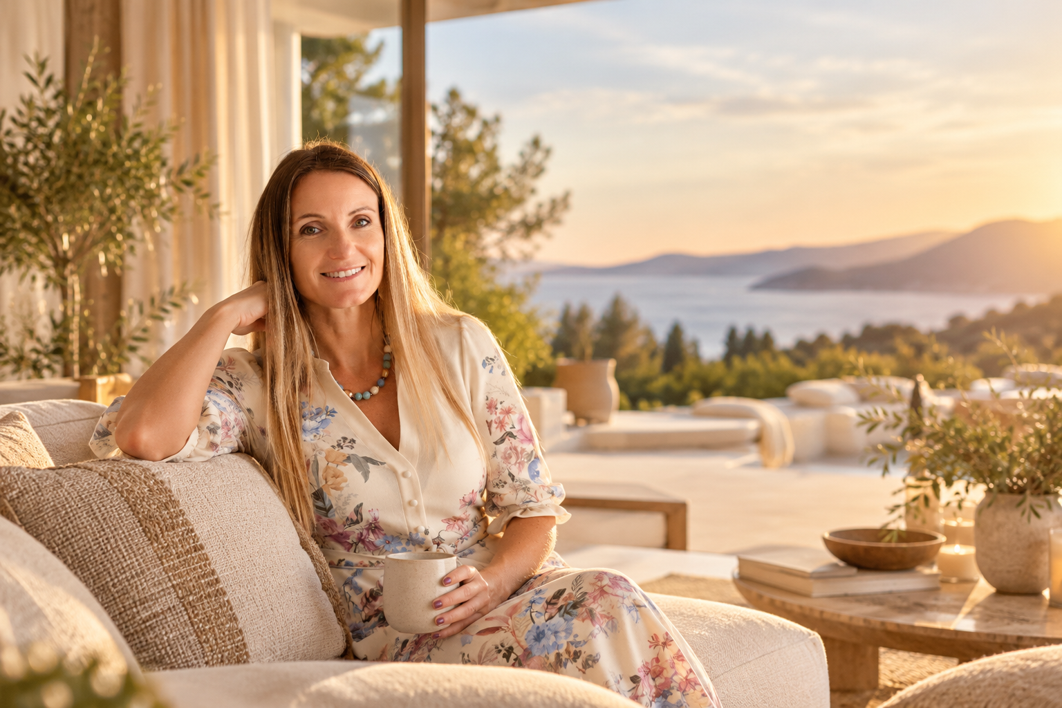 Andrea Mathis sitting on a cream sofa with a coffee mug, a sunlit sea view behind her