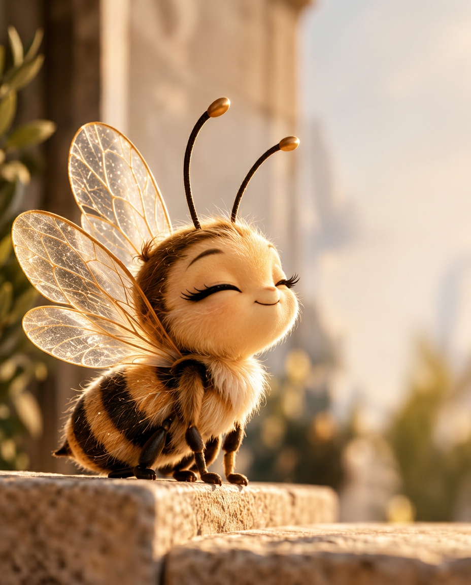 A peaceful bee resting in warm natural light